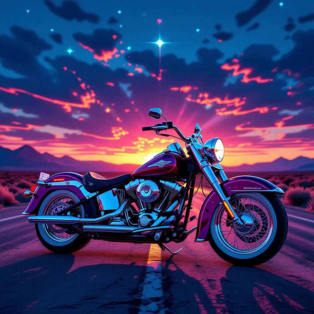 Neon Chrome Motorcycle on Digital Highway at Sunset