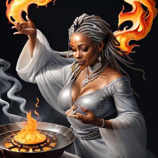 Mama Jabari sprinkles a pinch of a shimmering powder onto th...