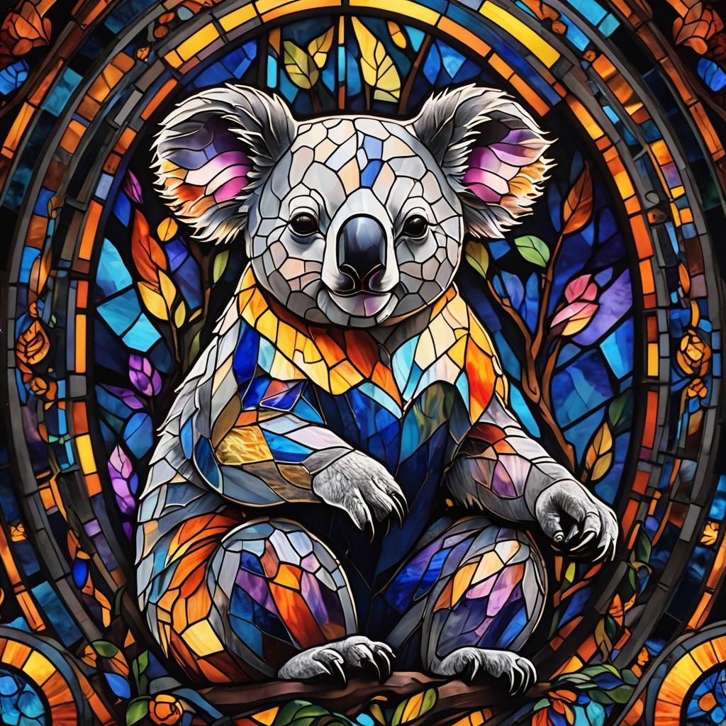 Stained Glass Koala Bear on Black Background