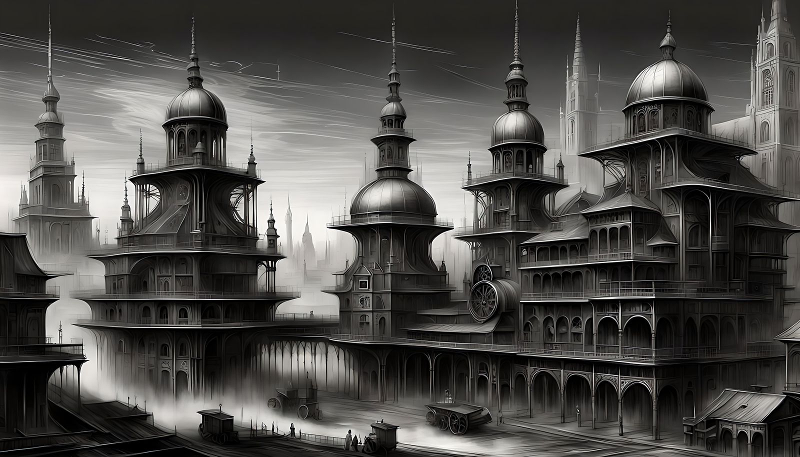 Steampunk Dream Cityscape in Black and White