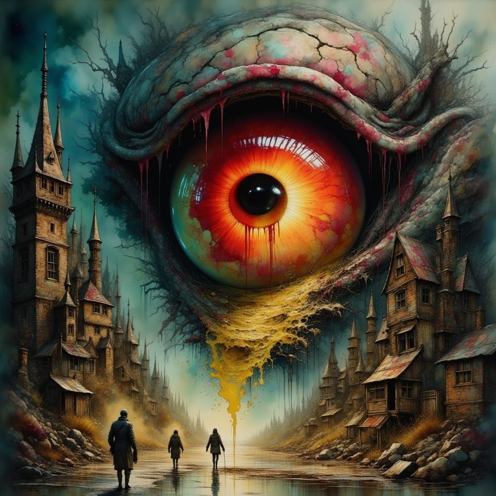 Monstrous Biomechanical Eyeball with Dystopian Landscape