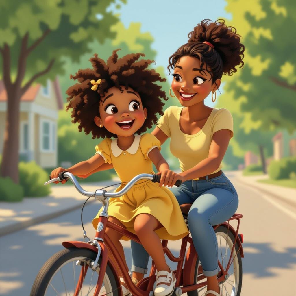 Joyful Ride: Little Girl on Tandem Bicycle in Pixar Style