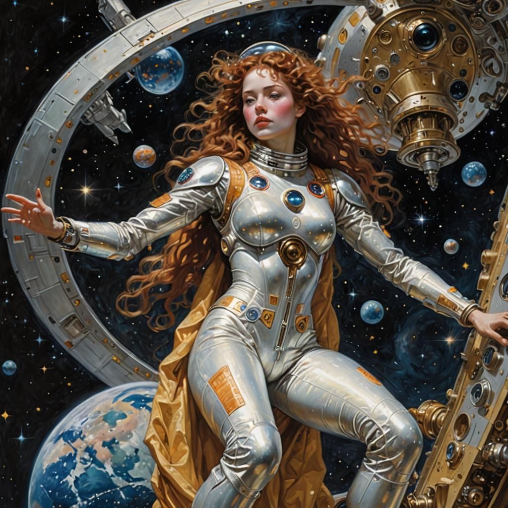 Women in Space Near Spaceship, Klimt-Inspired Art