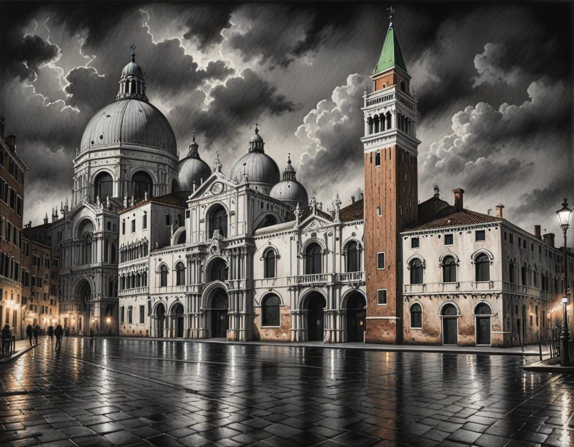 Venice at Night: Hyperdetailed Charcoal Drawing