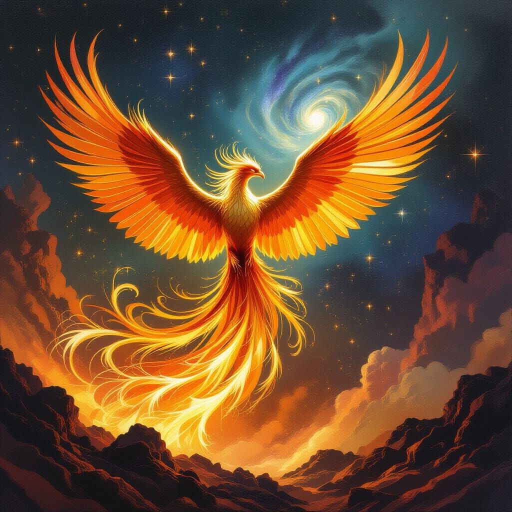 Phoenix Rising from Gold in Epic Fantasy Style