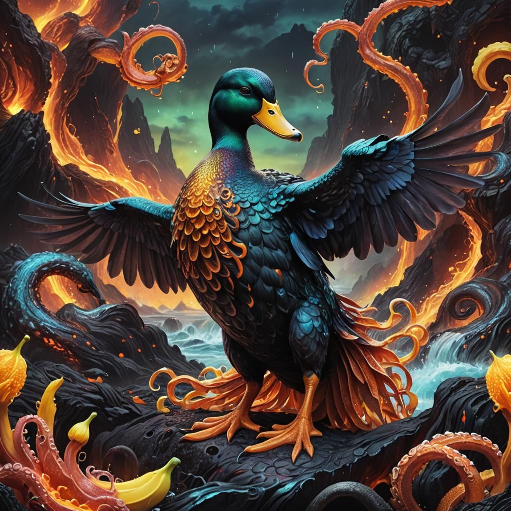 Hybrid Duck Creature in Volcanic Landscape