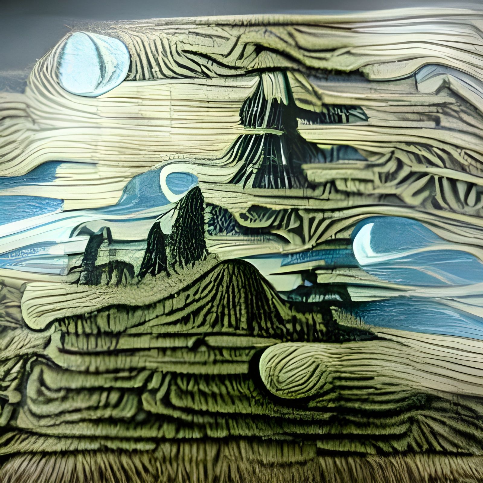 Mystical Landscape in Woodcut Style