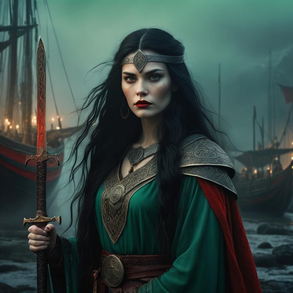 Viking Priestess in Misty Nordic Landscape