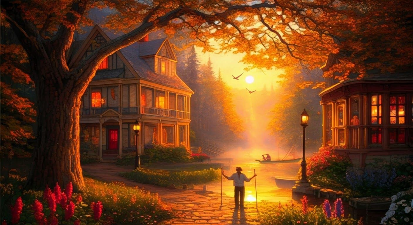 Ethereal Golden Hour Landscape in Kinkade Style