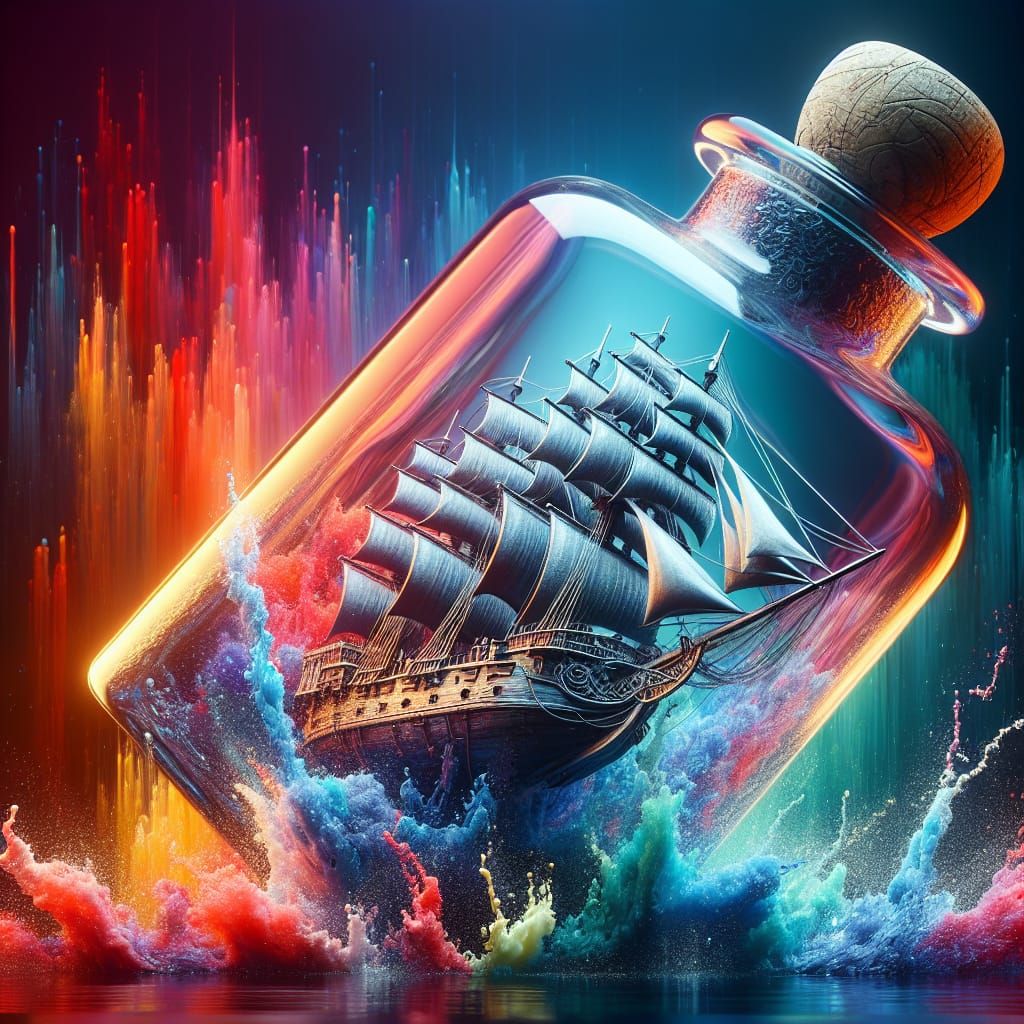 Crystal Pirate Ship in a Bottle: Hyperrealistic Concept Art