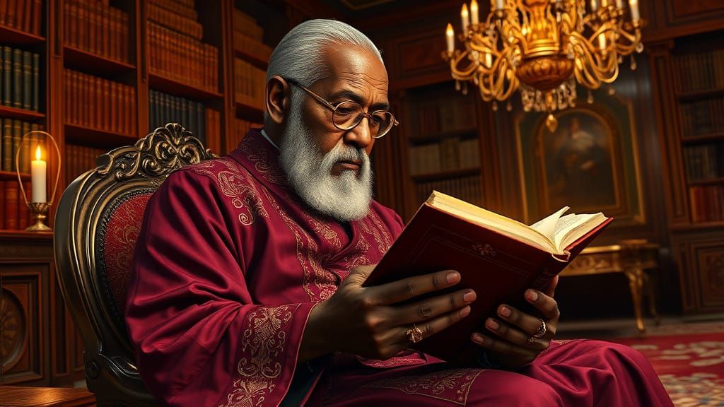 Dignified Elderly Man in Burgundy Robe, Engrossed in Leather...