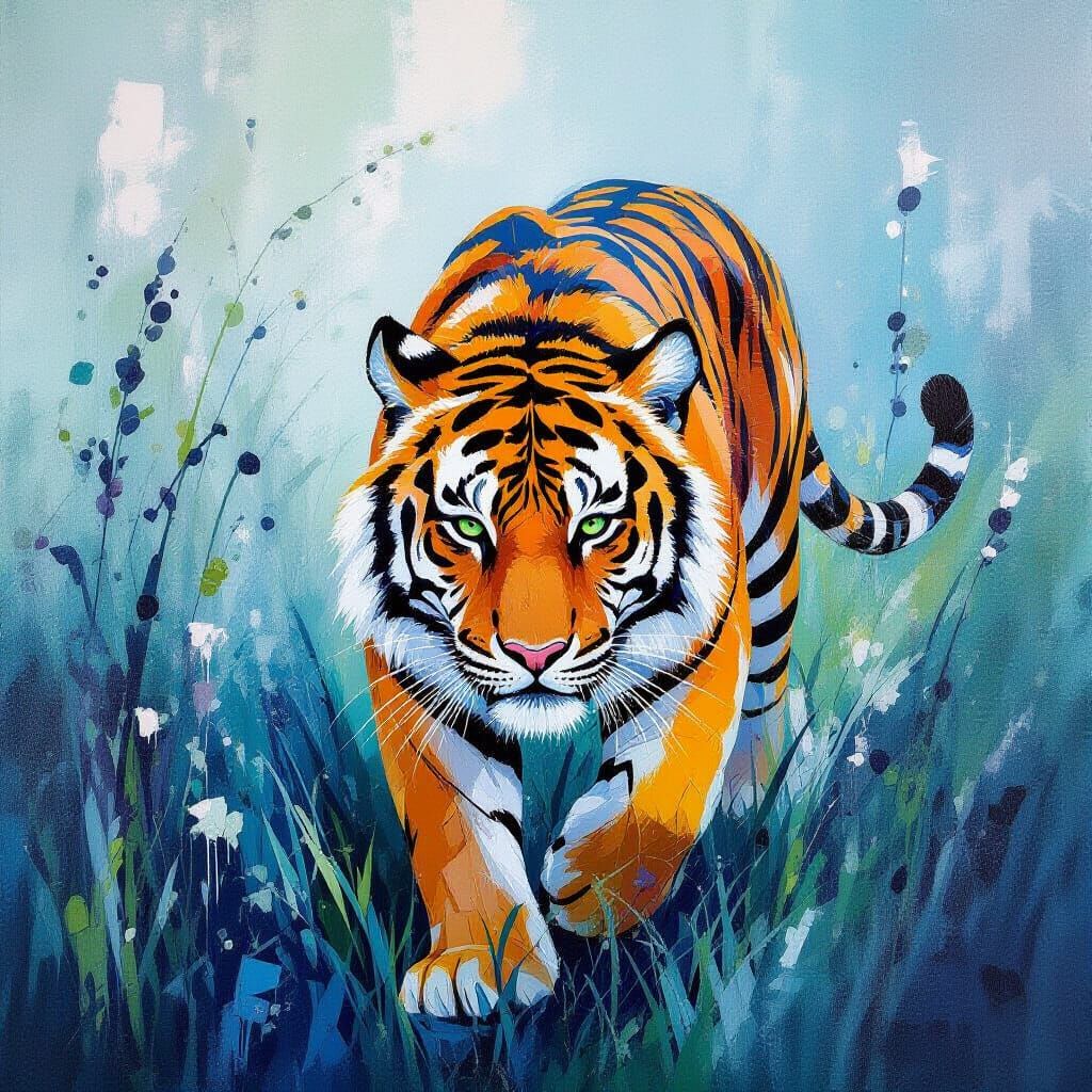 Tiger Stalking Through Grass: Acrylic on Canvas Painting