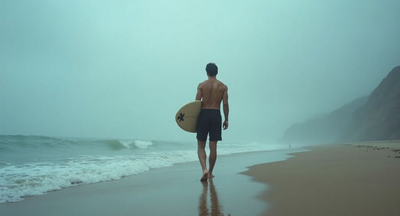 Melancholy Surfer on Foggy Beach