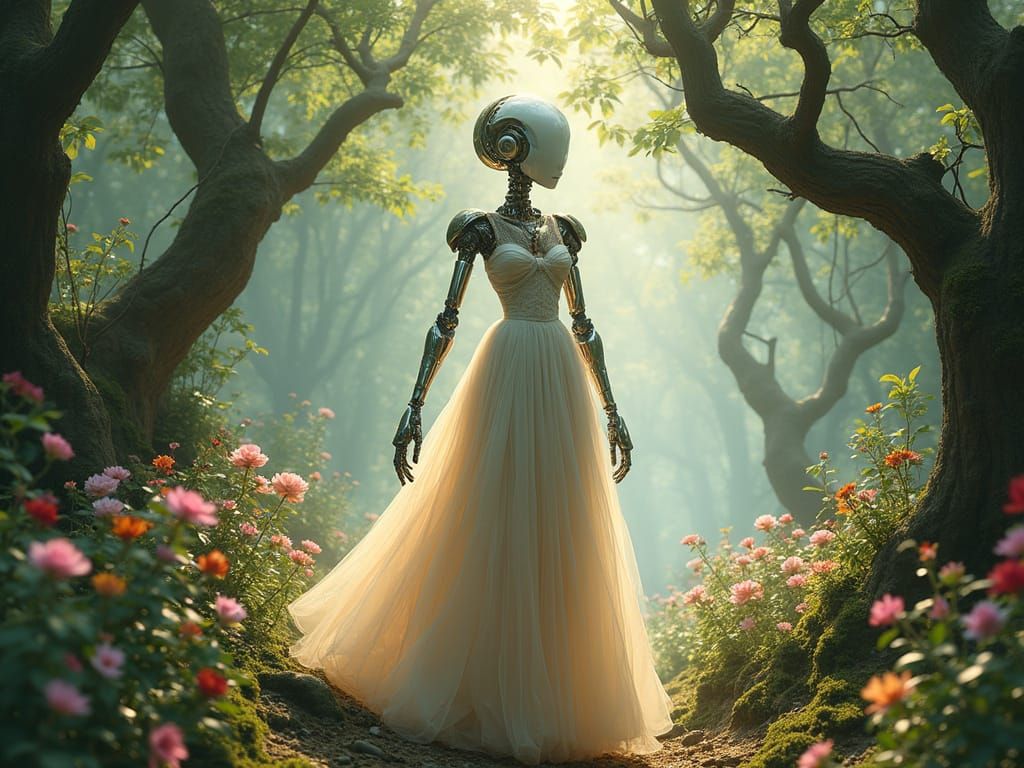 Ethereal Robot Goddess Amidst Vibrant Florals and Trees