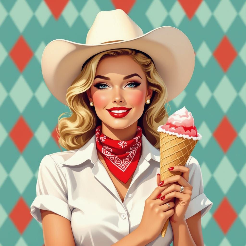 1950s Glamour Model with Cowgirl Hat and Snow Cone