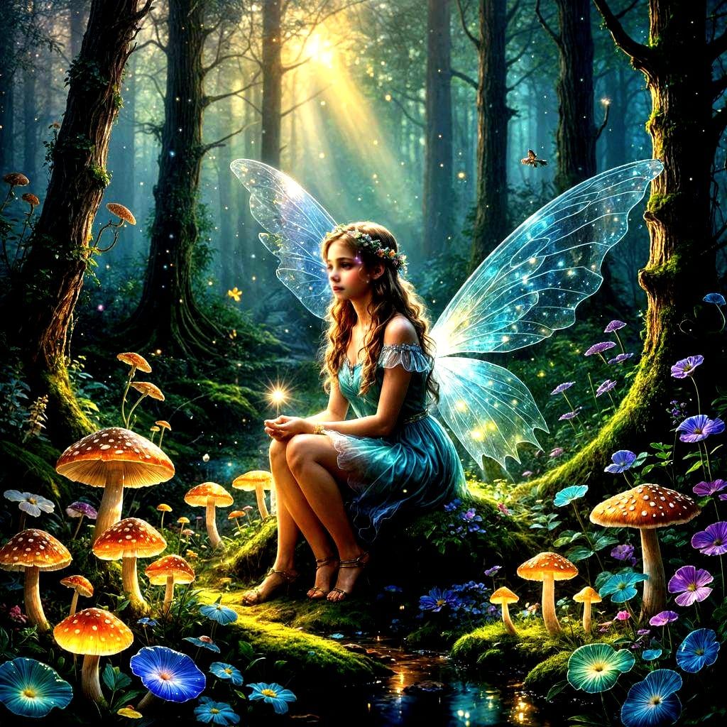 Fairy in Magic Crystal Forest, Ethereal Fantasy Art