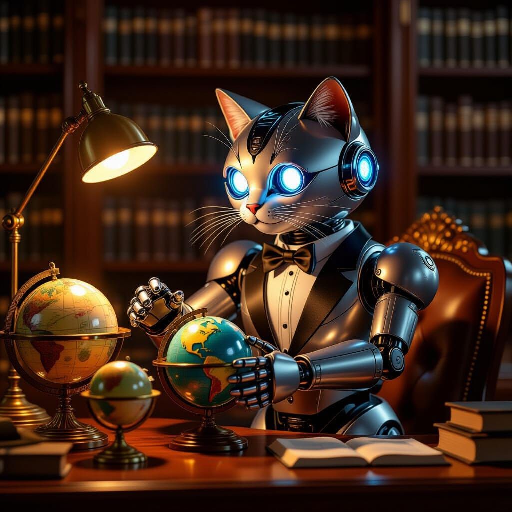Tuxedo Cat Robot Butler Polishes Globes in Library