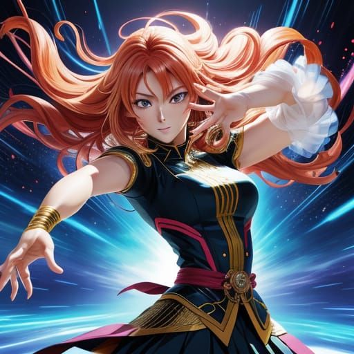 Anime Woman Dancing with Vibrant Hair and Expressive Eyes