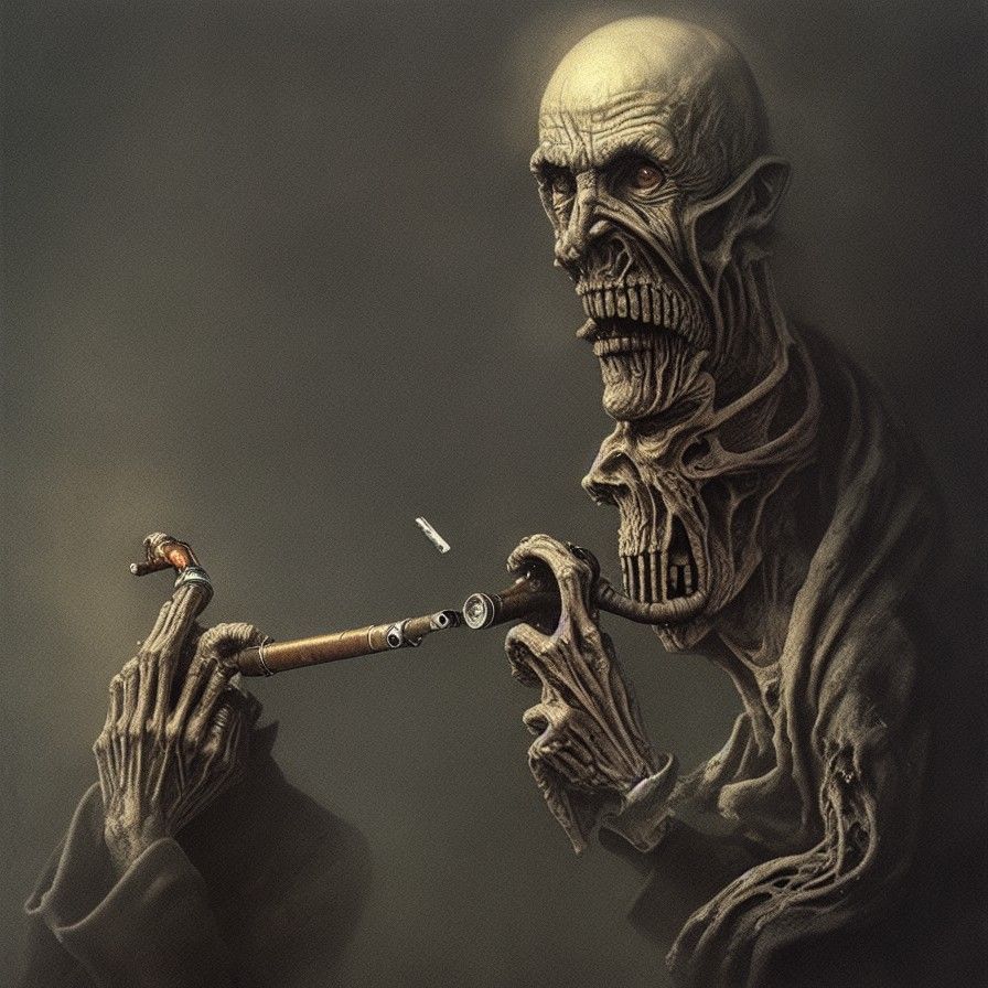 Old man smoking a pipe, H.R. Giger, Greg Rutkowski, Zdzisław Beksiński, photorealism, hyperrealism, surrealism, 16K reso...