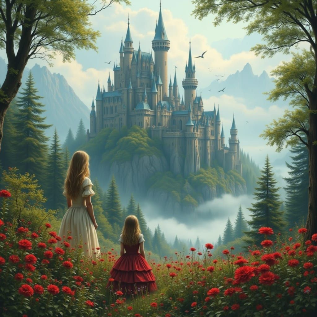 Fantasy Castle in Misty Forest with Victorian Girl