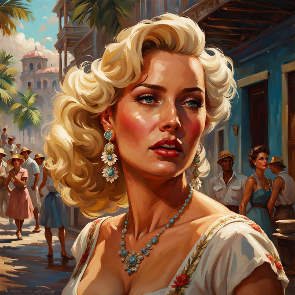 Beautiful Cuban Woman Portrait in 1950s Oil Painting Style