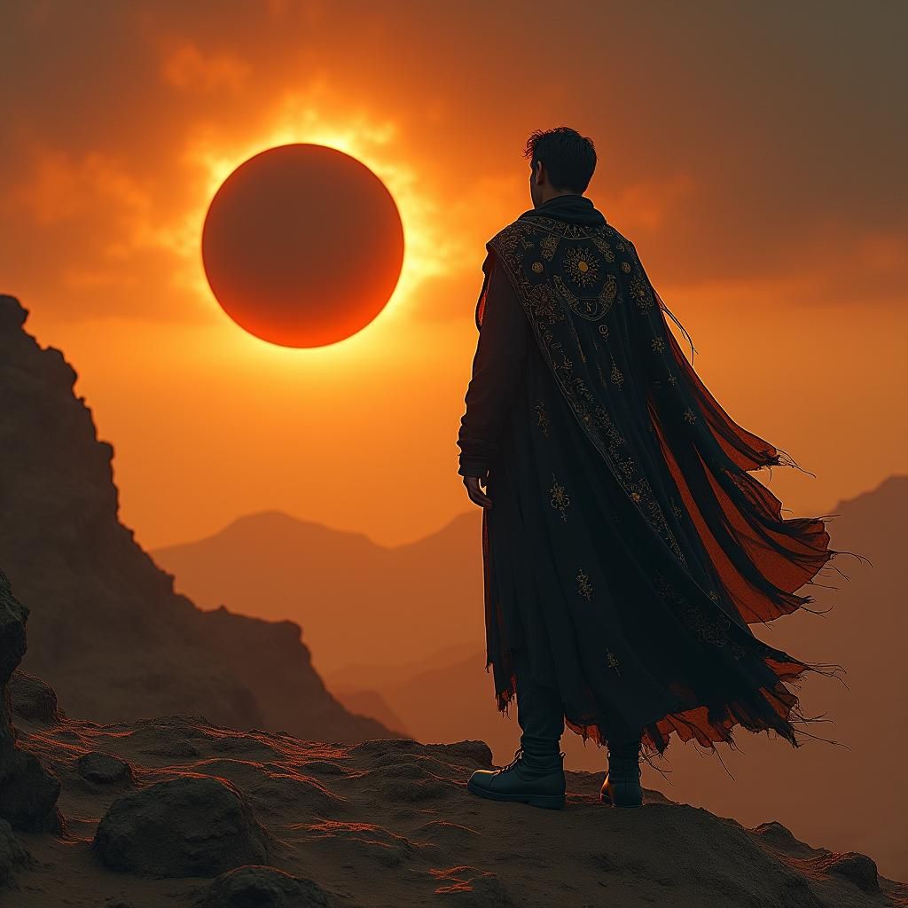 Man Gazing at Eclipse over Desert Landscape