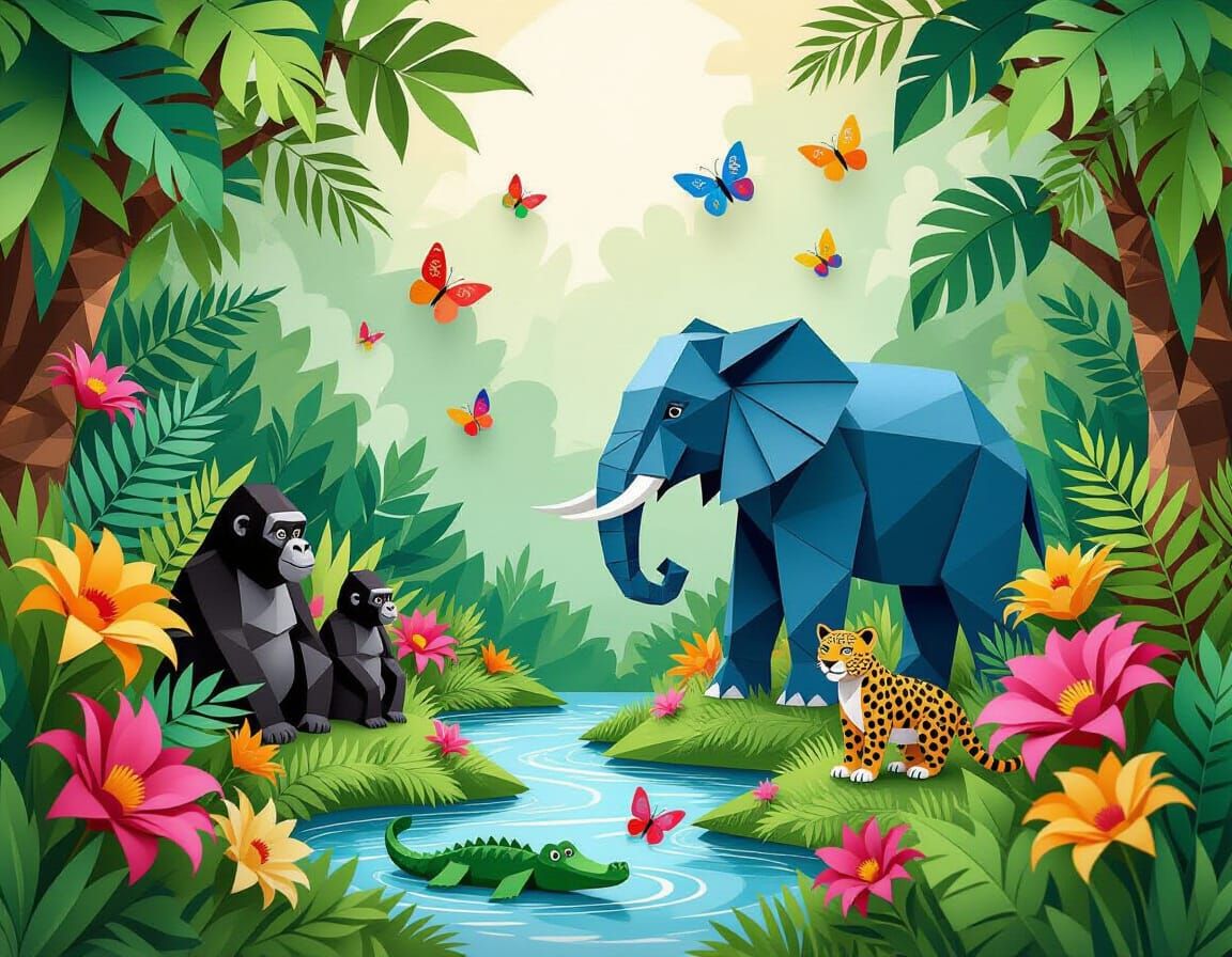 African Paper Origami Jungle with Majestic Elephant
