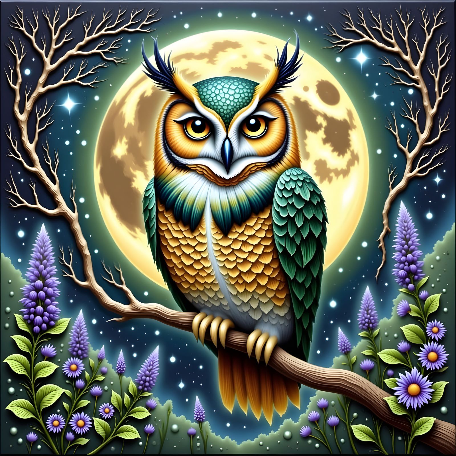 Ornate Owl in Mystical Twilight Scene