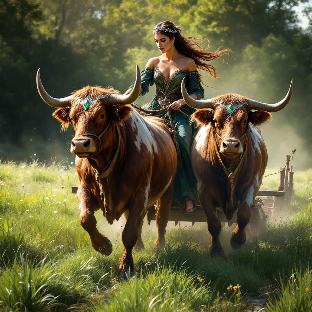 Gefjun, Norse Goddess of Ploughing, in Emerald Field