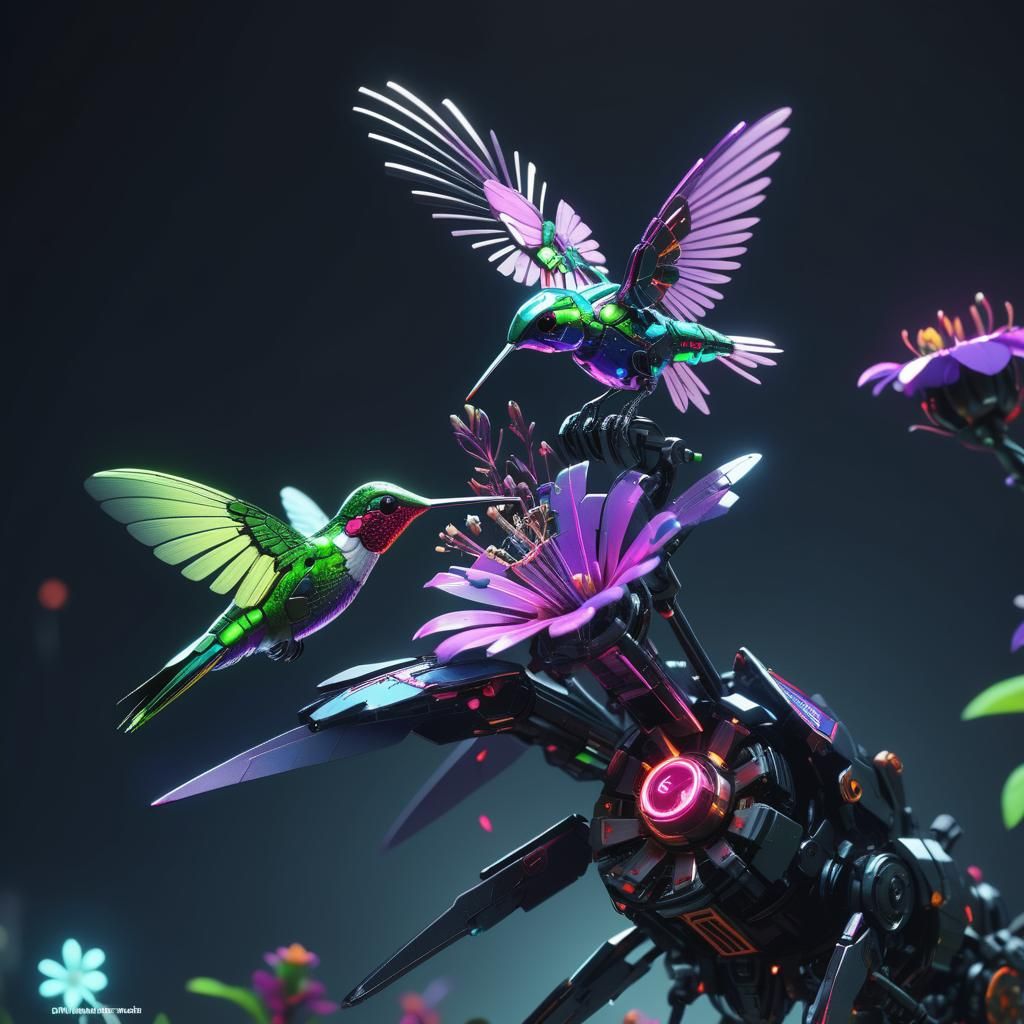 Neon Cyborg Hummingbird Visits a Flower in Sci-Fi Style