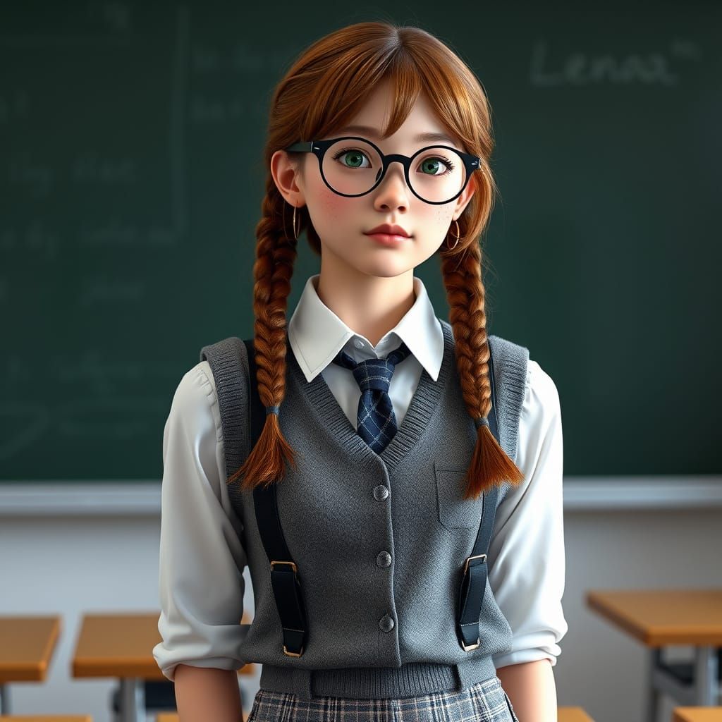 Anime Style Schoolgirl in Classroom with Tartan Outfit