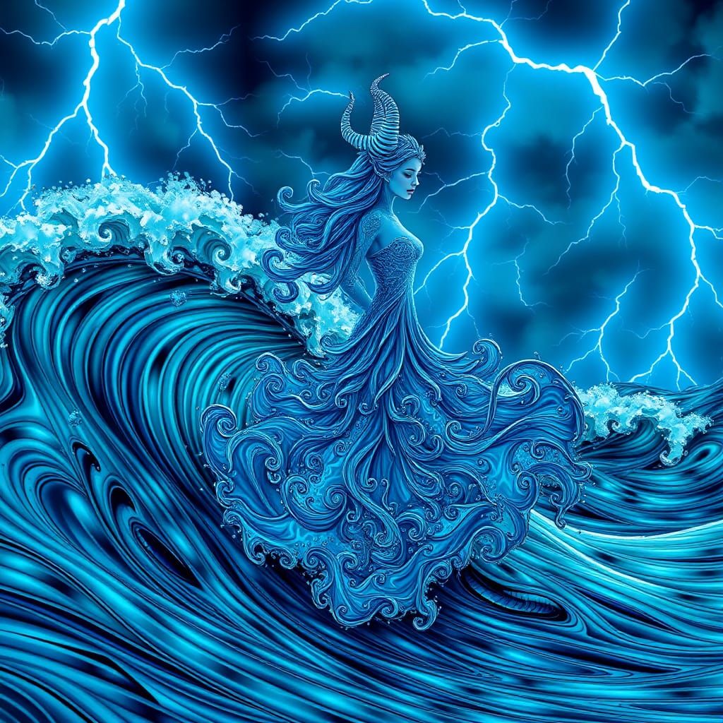 Dancing Water Elemental in a Neon Storm