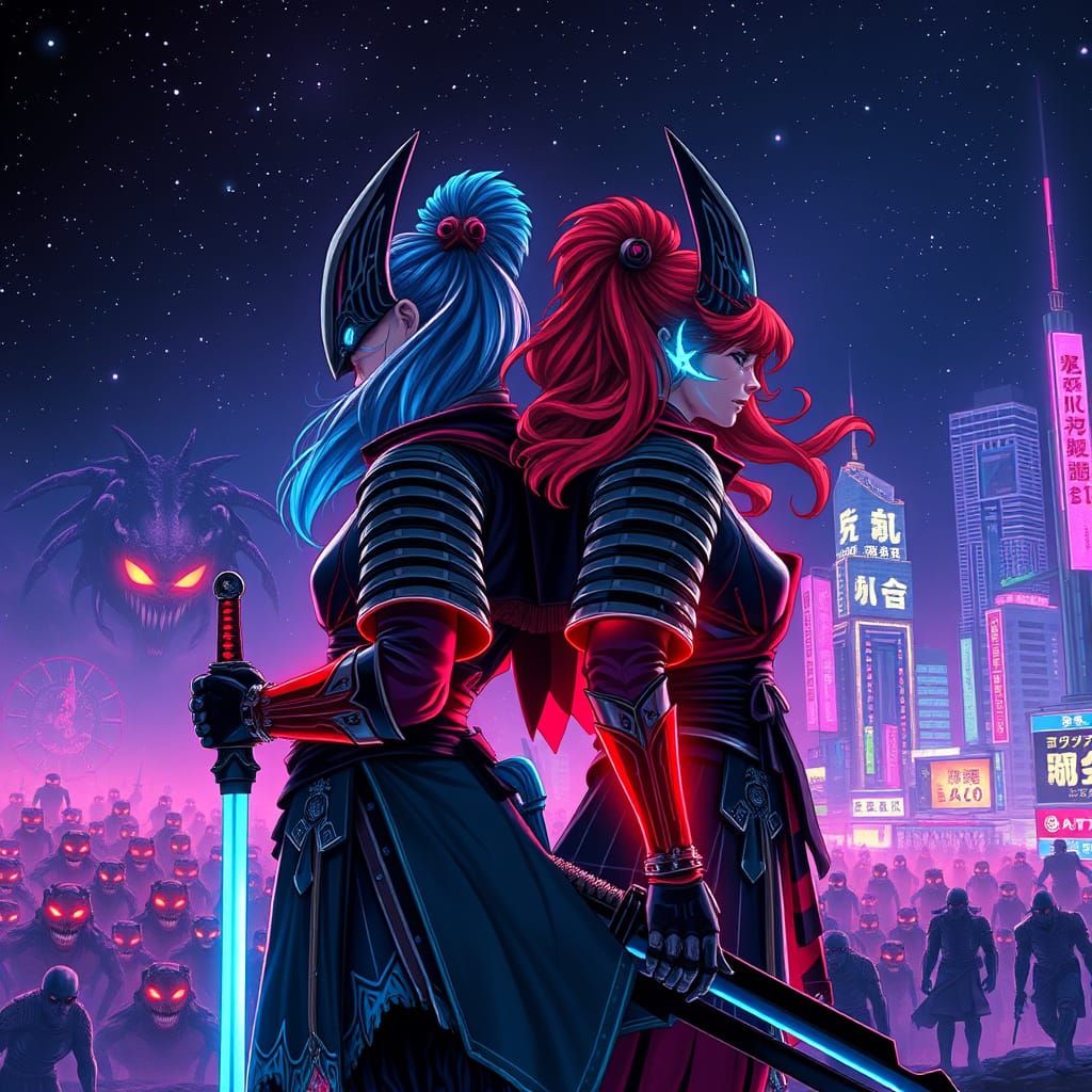 Blue and Red Samurai Women Stand Back to Back Against Glowin...