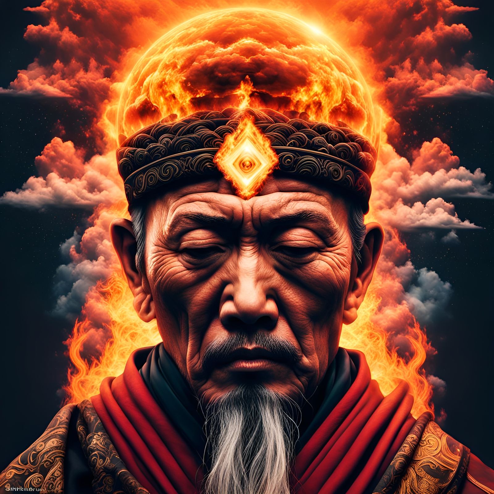 Monk's Mind: Volcano Eruption in Glitch Art Style