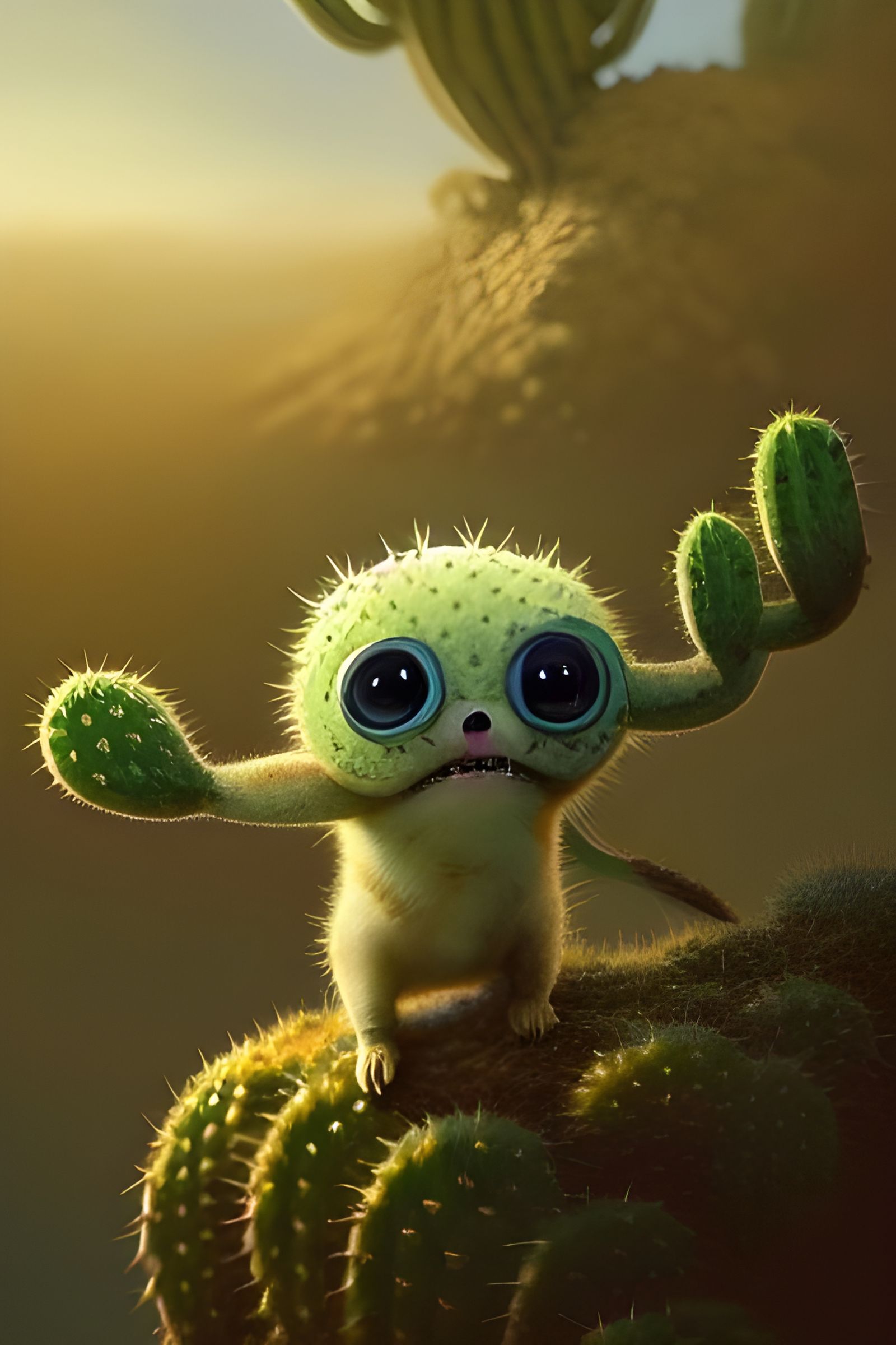 Cute Cactus Creature in Chibi Style Digital Art