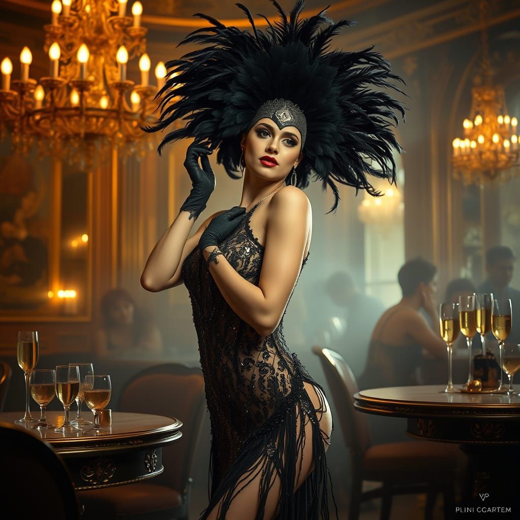 Cabaret Dancer in Smoky Parisian Nightclub, Art Deco Style