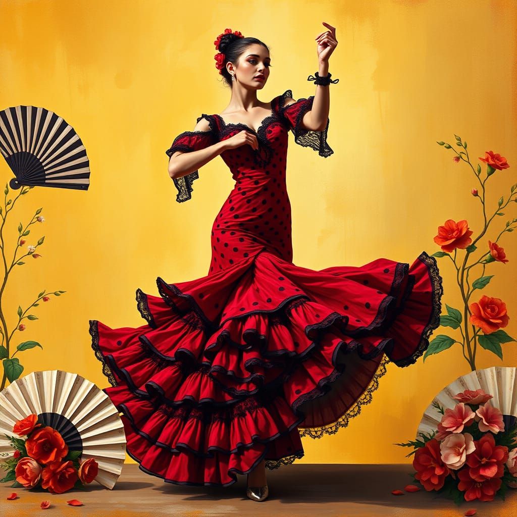Flamenco Dancer in Crimson Polka-Dot Dress