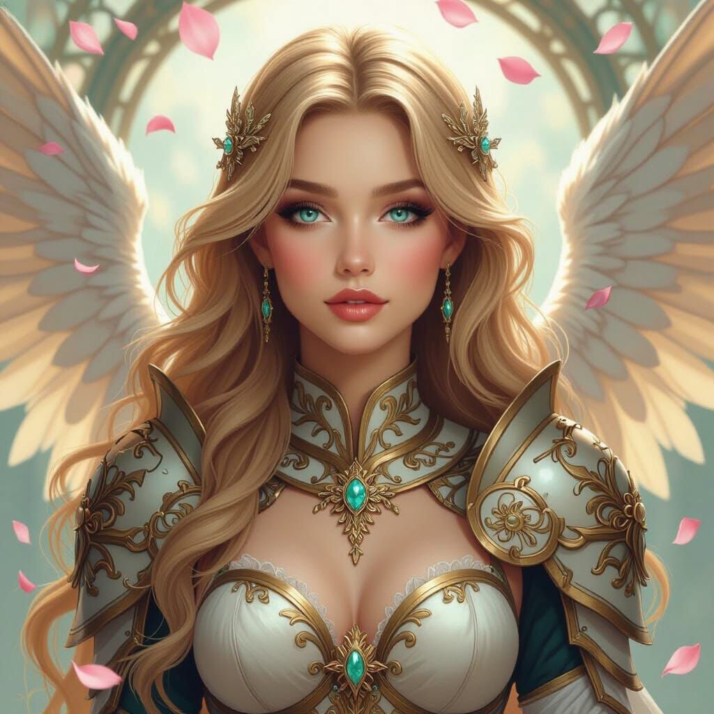 Beautiful Paladin with Angel Wings in Art Nouveau Style