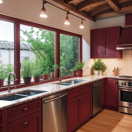 Peach and Burgundy Kitchen with Natural Lighting