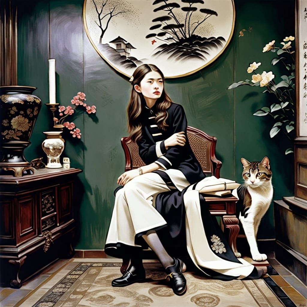 Warm Impasto Portrait of Mother and Kitten in a Movie Studio