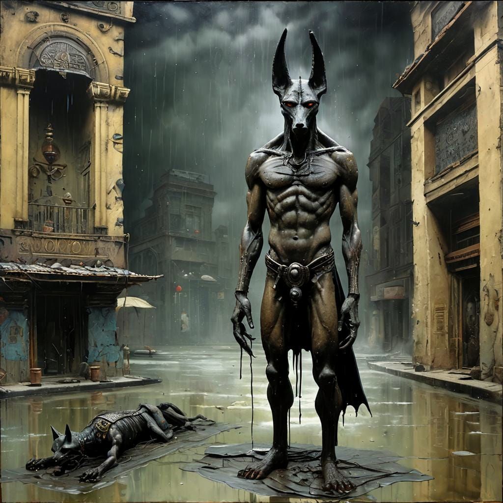 Surreal Encaustic Anubis Downpour, Enki Bilal Style