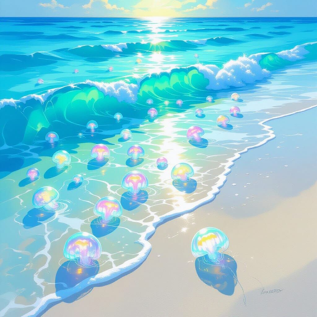 Glowing Jellyfish on Turquoise Beach in Ethereal Style