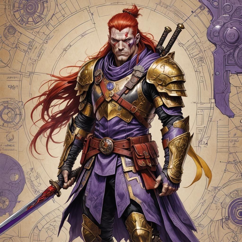 Giant Red-Haired Druid Warrior Blueprint in Color Pencil