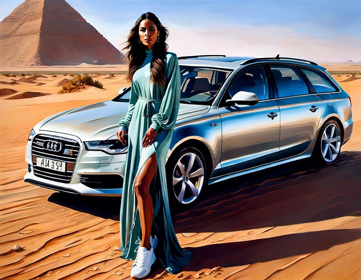 Egyptian Woman Posing with Audi A6, Oil Painting