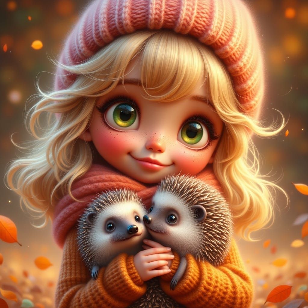 Whimsical Girl with Hedgehog, Vibrant 3D Style
