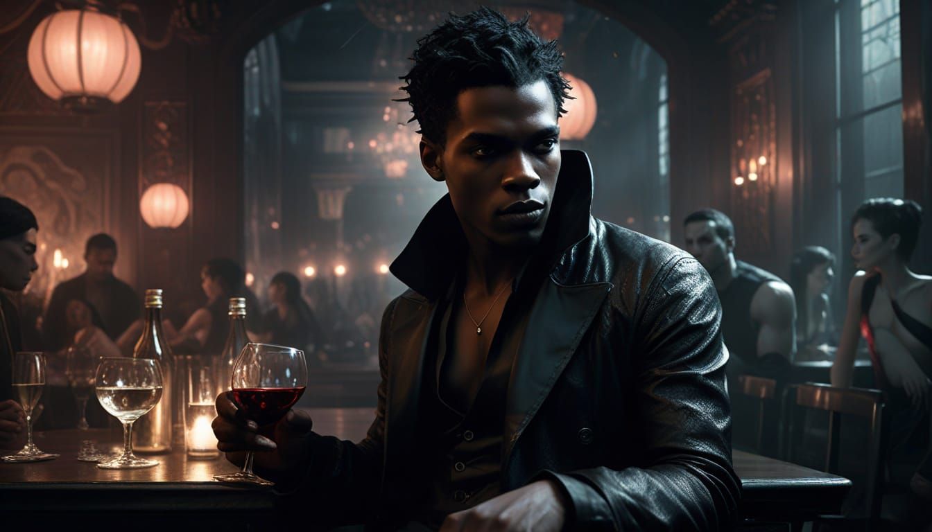 Dark Fantasy Vampire in Futuristic Dance Club