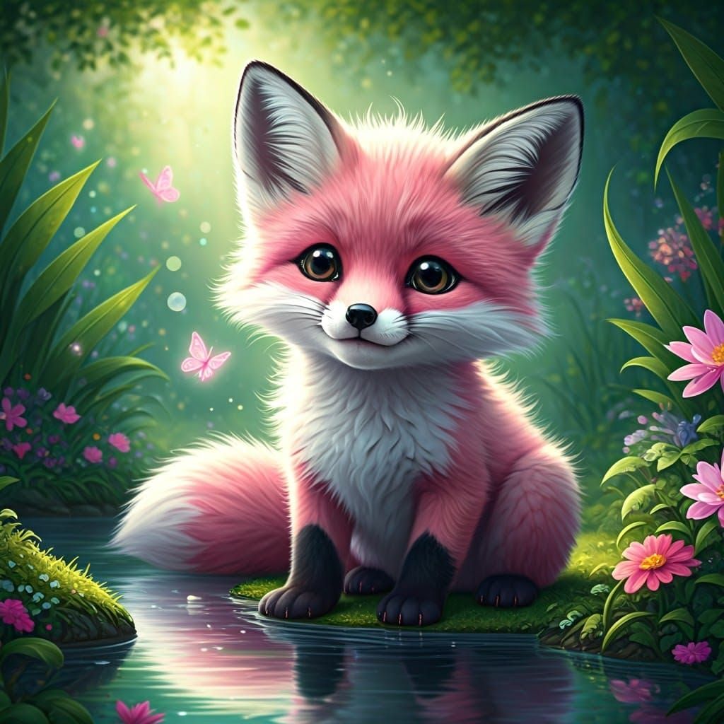 Adorable Pink Fox Cub in Dreamy Lagoon