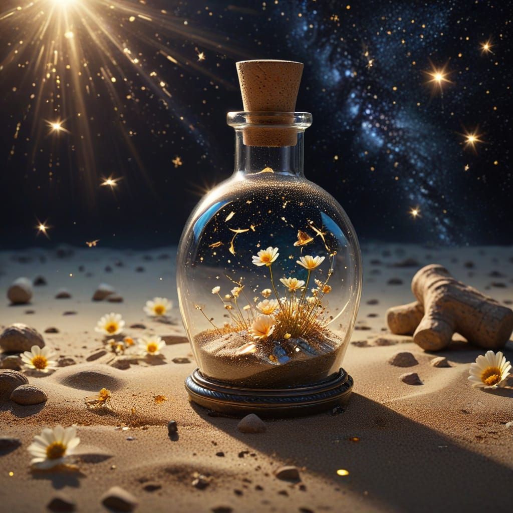 Luminous Bottle of Time in Starry Void