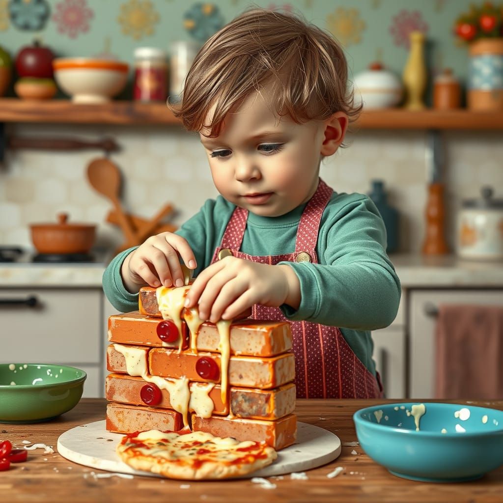 Fantasy Pizza Bricks in Whimsical Kitchen
