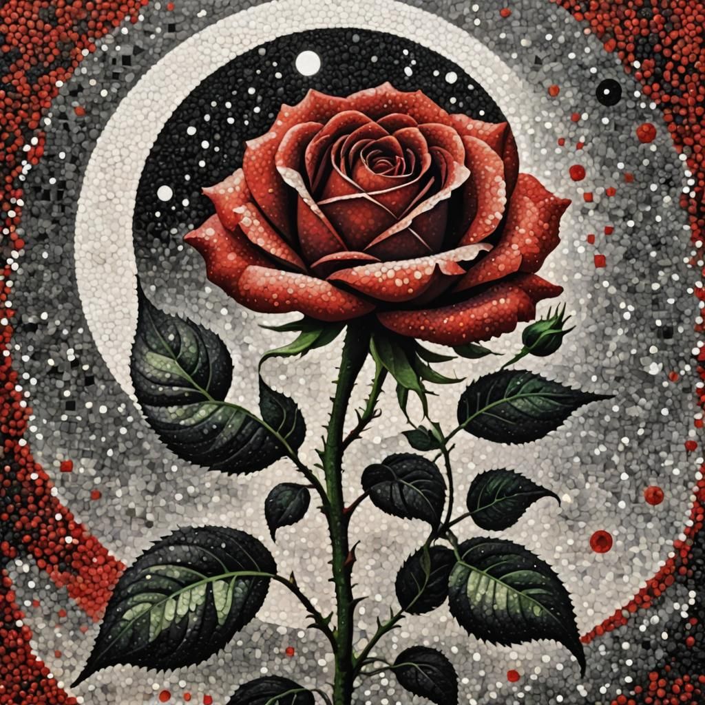Red Rose in Pointillism Style with Moon